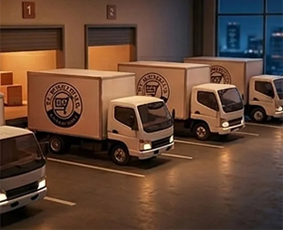 Flota de camiones de reparto de El Mercadito C.A. estacionada en el centro de distribución