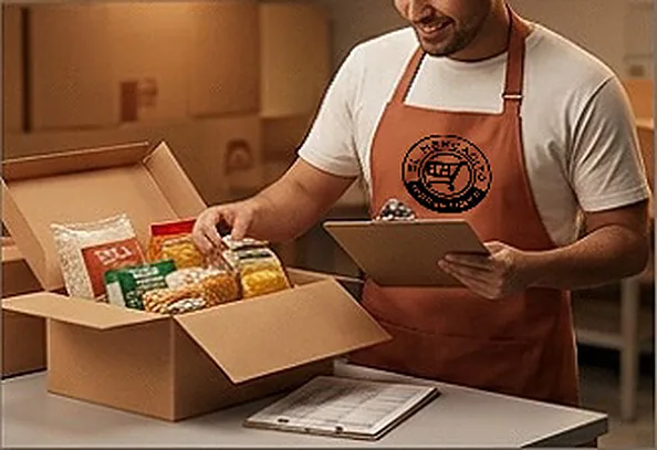 Trabajador de El Mercadito C.A. preparando una caja de alimentos con lista de chequeo
