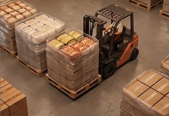Montacargas moviendo paletas de mercancía en el almacén de El Mercadito C.A.