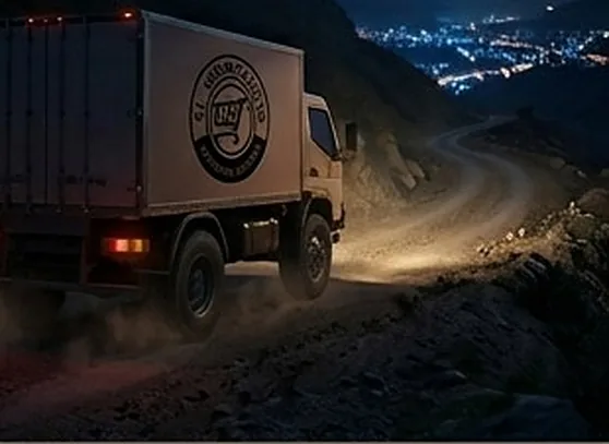 Camión de El Mercadito C.A. transitando una vía de montaña hacia una zona remota de noche